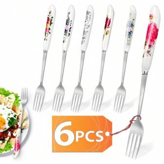 6 件陶瓷手柄不锈钢甜点/沙拉叉套装，优雅的花卉设计，非常适合家庭、餐厅和厨房使用