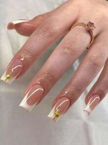 10pcs White French Manicure Nail Stickers, Elegant Minimalist Cute Handmade Full Cover Square Medium Length Nail Strips, Glossy Finish, Natural Nude & White, Duck Mouth Shape, Sophisticated Minimalist Holiday Style, Gold Decor Graceful Nails, Cute Chic Nails Suitable For Women And Girls For Daily And Party Wear, Full Cover Press On Nails Long