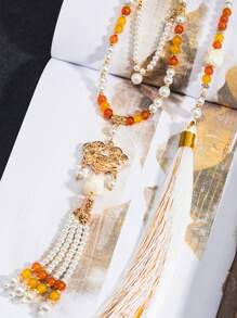 قلادة قديمة طويلة الشرشف، قلادة اللؤلؤ الصناعي على الطراز الصيني للسيدات، اكسسوارات حزب وأزياء عصرية، هدايا للأصدقاء المقربين - الذهبي - مشاهدة 11