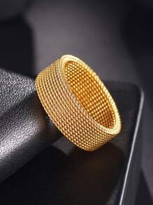 1pc Gold-Color Stainless Steel Flexible Mesh Ring - Yellow Gold - View 2