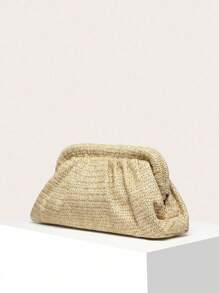 Women's Solid Color Straw Woven Wrinkled Cloud Bag, Retro , Large Capacity And Fashionable, Suitable For Going Out Shopping.