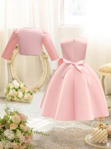 EHOMKIDS 2 peças/Conjunto Vestido de Cetim para Meninas e Jaqueta Longa com Decoração de Pérolas, Terno de Vestido Formal - Rosa chiclete - Visão 4