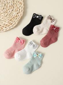 6 双女婴纯棉透气公主袜带蝴蝶结装饰，适合所有季节 - 彩色 - 查看 2