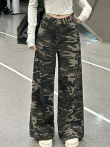 复古美式工装迷彩牛仔裤，女款，阔腿及踝长裤，随机布料 - 迷彩色 - 查看 3