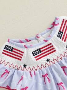 Baby Girl Patriotic Romper Casual Plaid Print Flag Embroidery Summer Fly Sleeves Jumpsuit For Newborn Cute Clothes