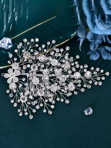1 件时尚水钻花朵设计发梳，闪亮新娘发夹适合婚礼、伴娘、派对 - 銀色 - 查看 4