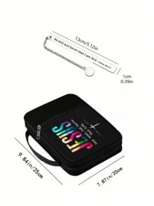 1 件时尚简约复活节耶稣印花圣经袋和 1 件不锈钢书签带和链条，手提包带手柄拉链口袋储物收纳袋收纳袋