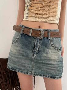 1 pieza Cinturón vintage personalizado con hebilla estampada de moda para mujer en color marrón, adecuado para vaqueros y vestidos