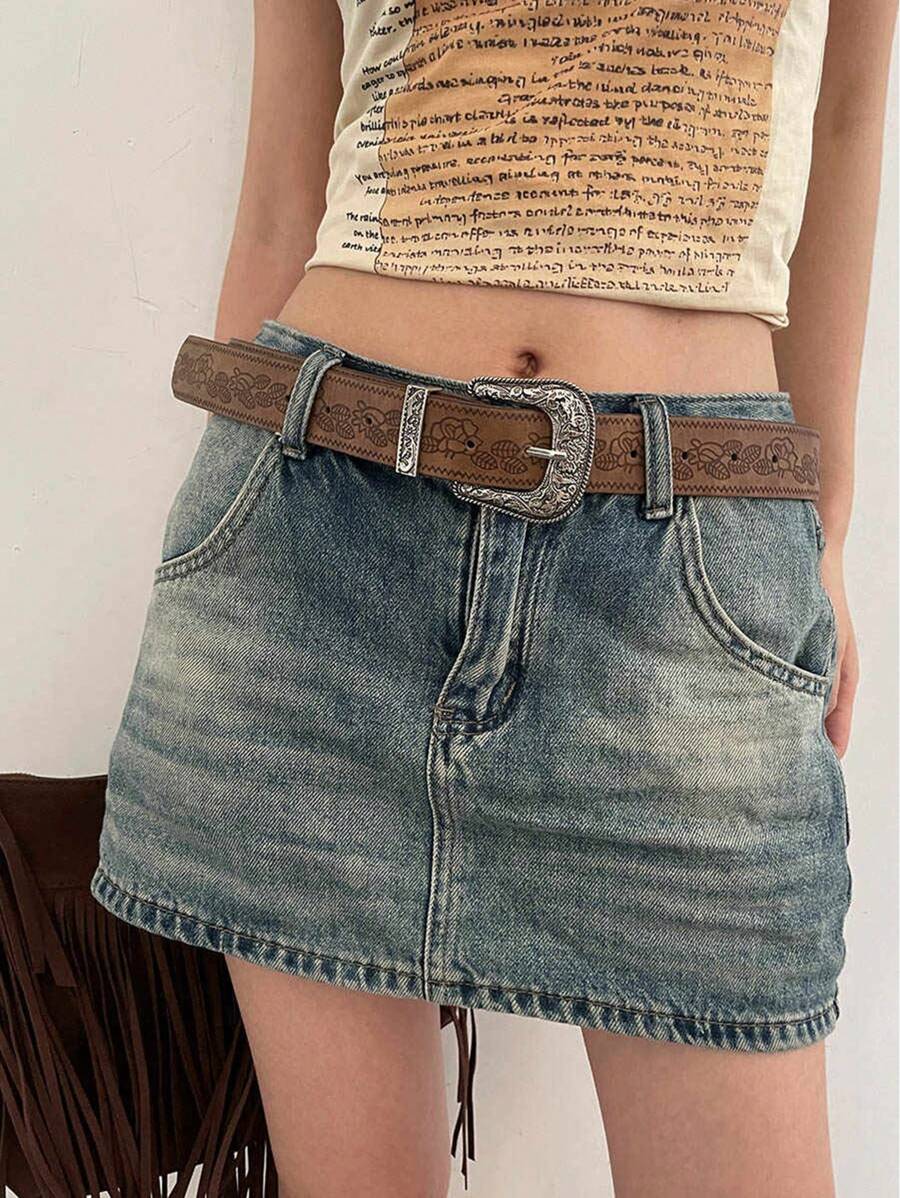 1 pieza Cinturón vintage personalizado con hebilla estampada de moda para mujer en color marrón, adecuado para vaqueros y vestidos