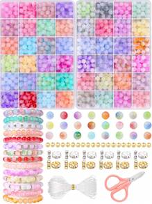 1 Box 8mm Random Color Crackle Crystal Glass Beads For Jewelry Making - Includes Glass Beads, Crystal Cord, Scissors, Spacers