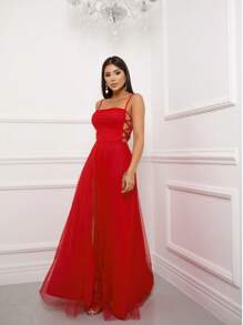 Gabriela Shiny Tulle Crossover Dress - Red - View 5