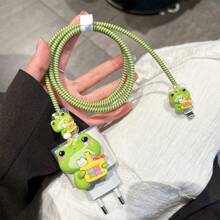 5件套卡通青蛙充电头保护壳 适用于欧版标准20W充电头 保护套 防缠绕线夹 数据线固定器 防断数据线 TPU充电头保护线器 充电器保护器