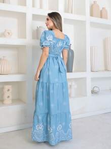 Victoria Long Crepe Printed Dress With Belt, Short Sleeves - 淺藍色 - 查看 4