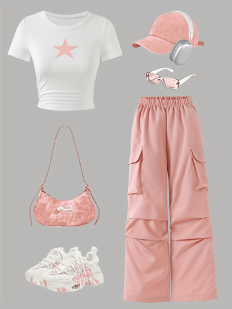 Conjunto de dos piezas para niña preadolescente con camiseta de manga corta estampada con estrellas y pantalones de trabajo