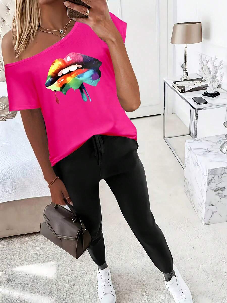 2 Pieces Casual Letter Print Short Sleeve T-Shirt And Ankle Length Pants Set - Hot Pink - View 1
