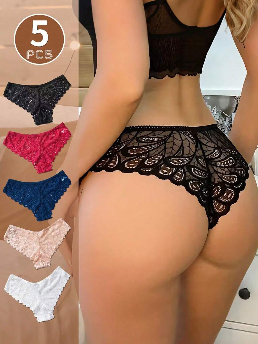 Lace Briefs Sexy Women Seamless Low Waist Panties Wave Edge Transparent Hollow Thongs Underwear Set Comfy Lingerie Panty Intimates Invisible Breathable Underpants Soft Fabric Safety Shorts Floral Ladies Thong Stretchy Invisible Triangle Brief Minimalist & Fashionable For Daily Wear - Multicolor - View 1