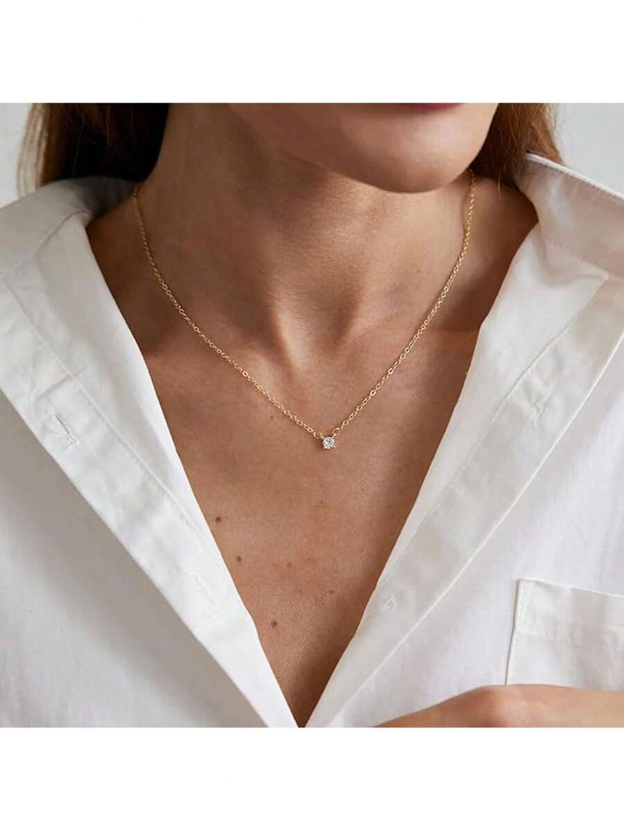 1 件时尚不锈钢方晶锆石钻石吊坠项链，镀金，适合女性日常佩戴 - 項 - 查看 1