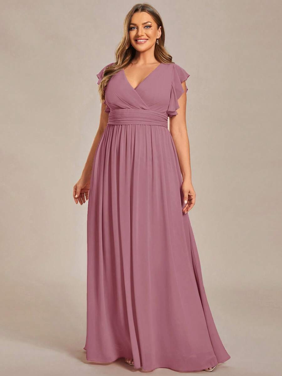 Plus Size V-Neck Solid Color Backless High Waist Ruched Pink Bridesmaid Dress, Suitable For Wedding And Autumn Wedding Guests