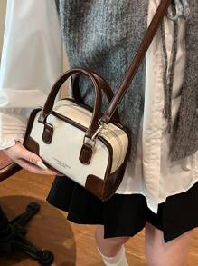 Retro bicolor Boston-stijl kussen handtas, dames schoudertas, vintage bowlingtas stijl, mode forenzentas 2025 nieuw