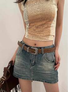 1 pieza Cinturón vintage personalizado con hebilla estampada de moda para mujer en color marrón, adecuado para vaqueros y vestidos