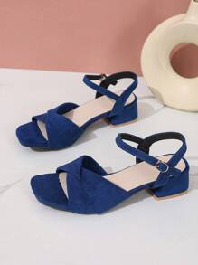 女式方头粗跟系带高跟凉鞋，时尚户外简约百搭中跟粗跟鞋 - 藍色 - 查看 7