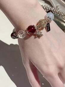 1pc Strawberry Crystal Glass Bracelet, Pendant Charm Bracelet, Gift For Girlfriend Or Best Friend - Red - View 4