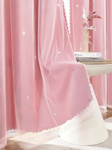 1pc Hollow Star Double Layer Voile Curtain, Top Ring, Cute Hollow Star Sheer Curtain, Suitable For Bedroom Blackout Curtain, Living Room Curtain, Themed Room Curtain And Holiday Party Decor