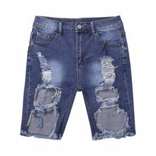 Womens High Waist Ripped Hole Washed Distressed Shorts Jeans Knee Length Ripped Stretchy Denim Shorts - Blue - View 4