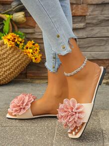 大码女式宽版休闲简约平底凉鞋，百搭时尚户外拖鞋，充满度假气息 - 粉色 - 查看 2