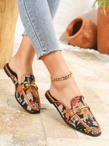 Women's Flat Square Toe Retro Floral Metal Buckle Fashion Mule Slippers Stitching Mark Open Back Slip On Comfortable Casual Loafers