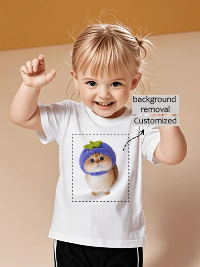 Spring/Summer Custom Personalized Printed Toddler Girls Short Sleeve T-Shirt, Upload Your Child's Photo/Group Photo/Pet/Landscape/Your Design/Logo, Customized Team/Outdoor/Class Service T-Shirt, Casual Crew Neck Top, Holiday/Birthday Gift