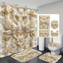 1/4 件豪华 2D 天鹅和玫瑰浴室套装：包括 12 个免费挂钩、防水窗帘、防滑垫、马桶座套和浴垫 - 完美的家居装饰家居浴室装饰
