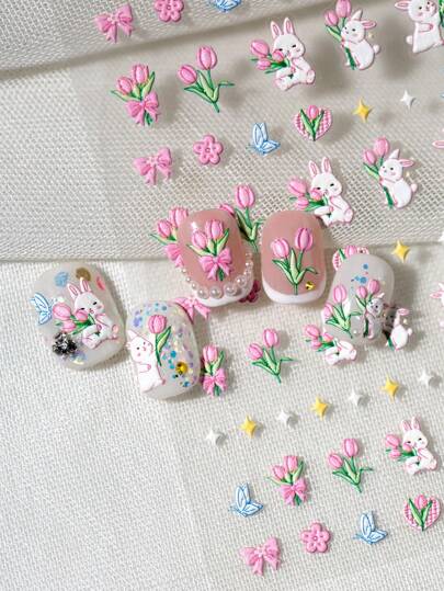 1 set d'autocollants d'art pour les ongles au style printanier frais en rouge, avec des lapins mignons, des fleurs roses, des papillons de couleur macaron et des nœuds, convient pour le DIY et les salons de manucure