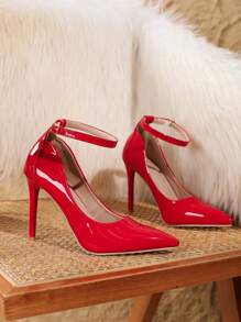 Spring Women's Fashionable Red High Heels, Classy Versatile Non-Slip Pointed Toe Ankle Strap Pumps, Sexy Slim Stiletto