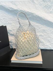 1 件时尚金色和银色镂空编织手提包，新设计手提单肩包，适合海滩度假的多功能手提包 - 銀色 - 查看 5