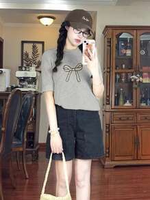 Women's Casual Bowknot Loose Knit Short Sleeve Top, Versatile For Commute, Summer Knit