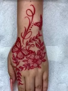 1pc Washable Temporary Tattoo Sheet, Red Butterfly & Floral Ink Painting Design, Suitable For Daily Use