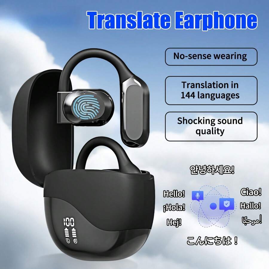 Auriculares con traductor de idiomas en tiempo real Auriculares con traductor de IA de oído abierto Auriculares con traductor para Android e IOS, 144 idiomas Auriculares con traductor para IOS y Android - Negro - Ver 1