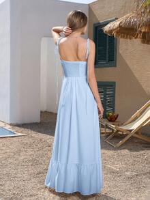 PARTHEA Vestido maxi elegante de unicolor con pliegues y espalda descubierta para mujer, de verano - Azul - Ver 3