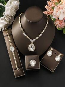 5pcs/Set Luxurious & Exaggerated Gold-Tone Rhinestone Studded Leaf Design Necklace, Earrings, Ring, Bracelet Set For Women's Wedding Party