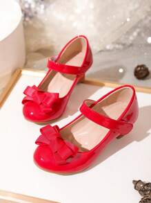 Girls' Solid Color Mirror Material Fashion Heels, 3-Layer Cross Bow Decor On Toe, Suitable For Party And Performance - Red - View 5