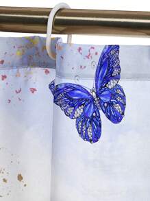1pc/4pcs Set Blue Butterfly & Floral Multifunctional Bathroom Waterproof Shower Curtain With 12 Hooks, Bathroom Anti-Slip Mat, U-Shape Toilet Mat And Round Toilet Seat Cover, Bathroom Accessory Set For Full Scene Use