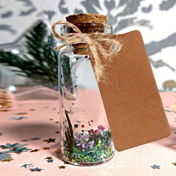 Set de 10 piezas, frascos de vidrio transparente de 25ml con tapón de corcho - perfectos para bodas, baby showers, cumpleaños y fiestas - incluye etiquetas y cuerdas