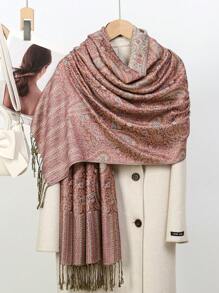 1 écharpe jacquard cachemire classique pour femme, châle pour la tête des dames en plein air, écharpe bohème vintage à la mode polyvalente, hijab musulman pour l'automne et l'hiver - Cuir Rose - Voir 3