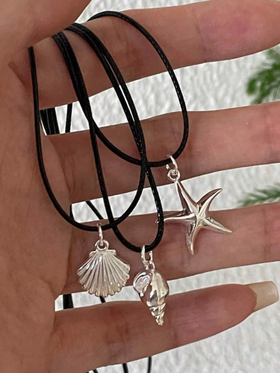 3pcs Black Leather Cord Necklace With Metal Starfish, Seashell, Conch Pendants - Silver - View 1