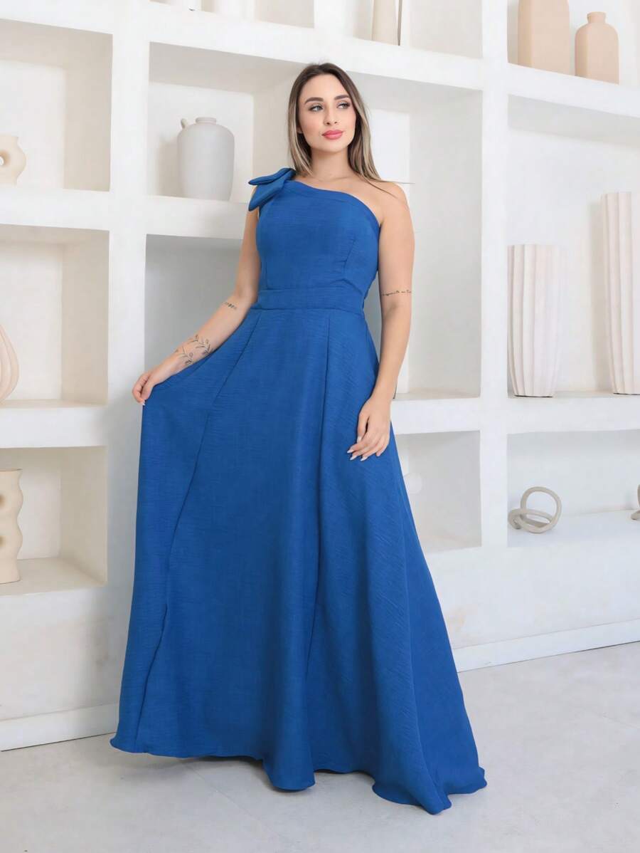Victoria Long Luxury Dress Plain Duna Linen With Bow One Shoulder - Royal Blue - View 1