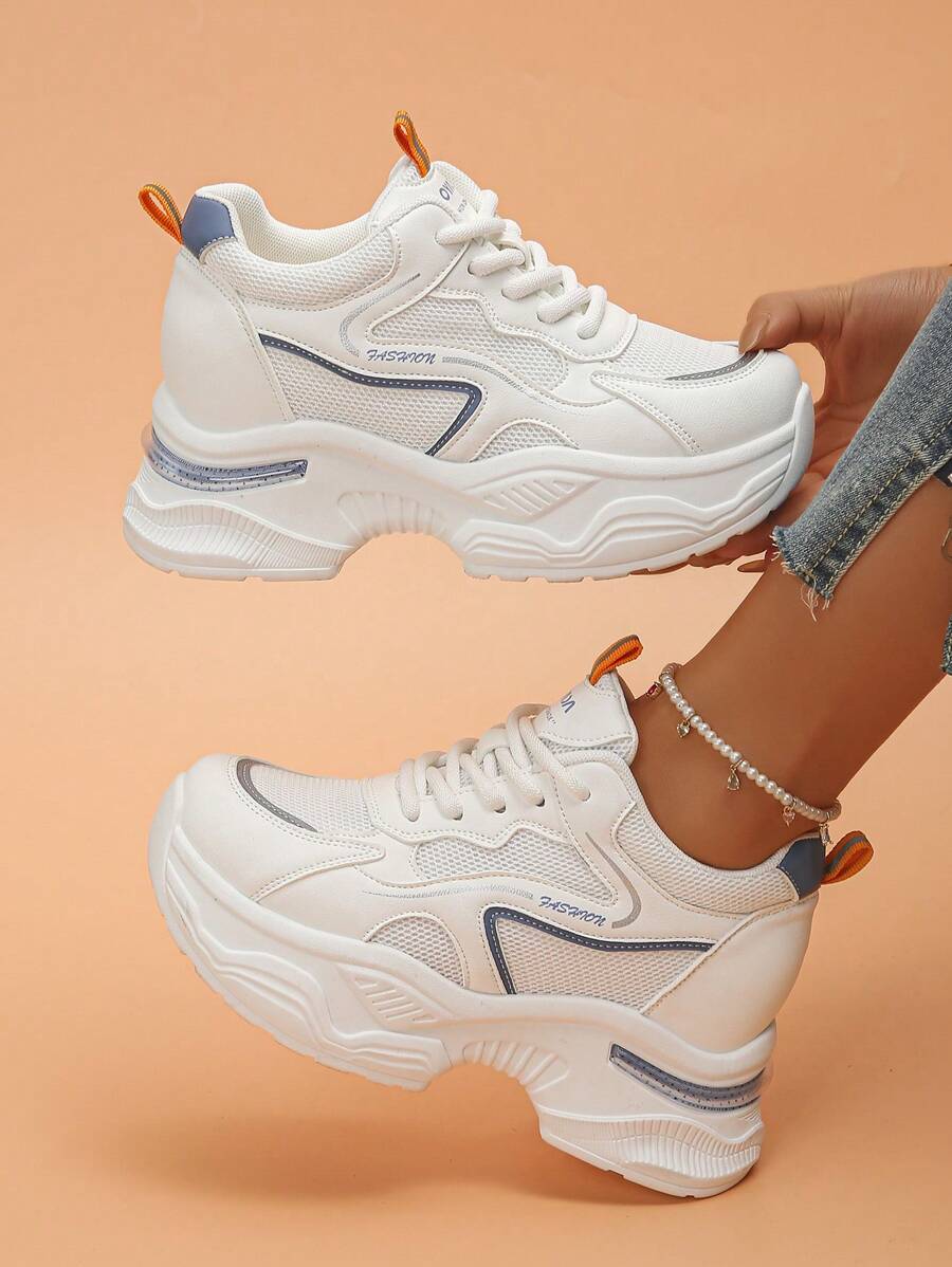 Women's Platform Wedge Sneakers, Short Persons Height Increasing, Mesh Patchwork Breathable Comfortable Casual Shoes - White - View 1