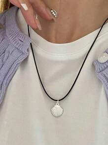 3pcs Black Leather Cord Necklace With Metal Starfish, Seashell, Conch Pendants - Silver - View 3