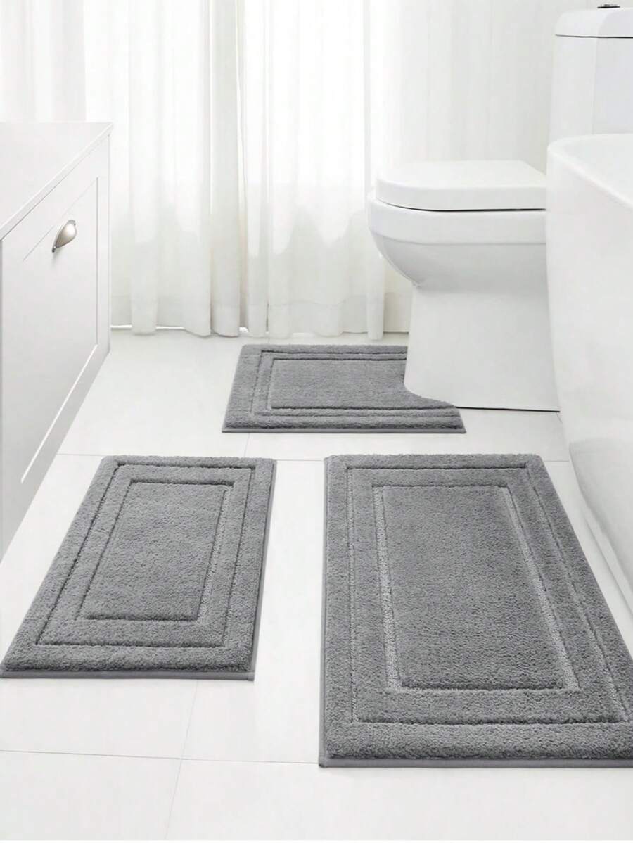1pc/3pcs Soft Flocked Flocked Absorbent Anti-Slip Bath Mat Set, Washable Bedroom, Living Room, Bathroom Carpet Rug, All Seasons Decor - Grey - View 1