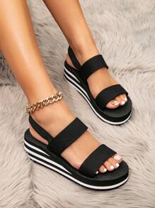 Women's Summer Wedge Sandals, Thick Bottom Black Shoes With Faux Linen Rope Sole, Outdoor/Beach Vacation Shoes